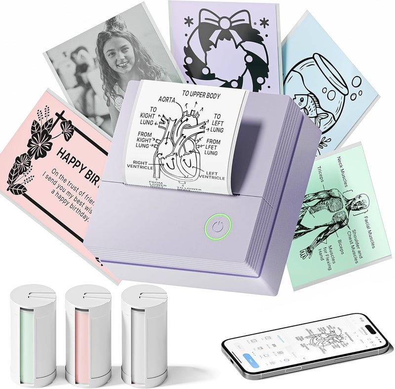 TYPONOS Sticker Printer, PM290 Mini Printer, Bluetooth Sticker Maker Machine with 3 Rolls Paper, Portable Print Pod for Study Notes, Journal, Lists, Pictures, DIY Gifts for School Office Home, Purple - Image 1